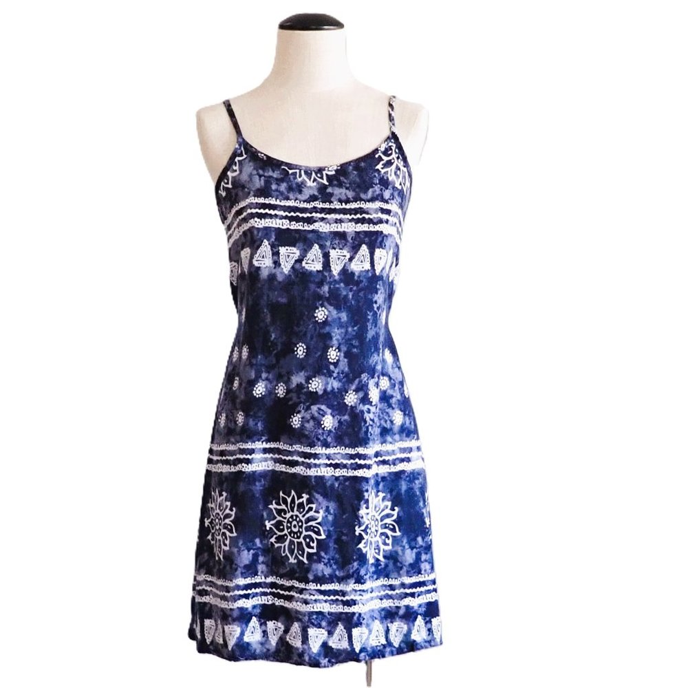 VTG Boho Cotton Slip Dress in Blue Batik Print Size XS/S